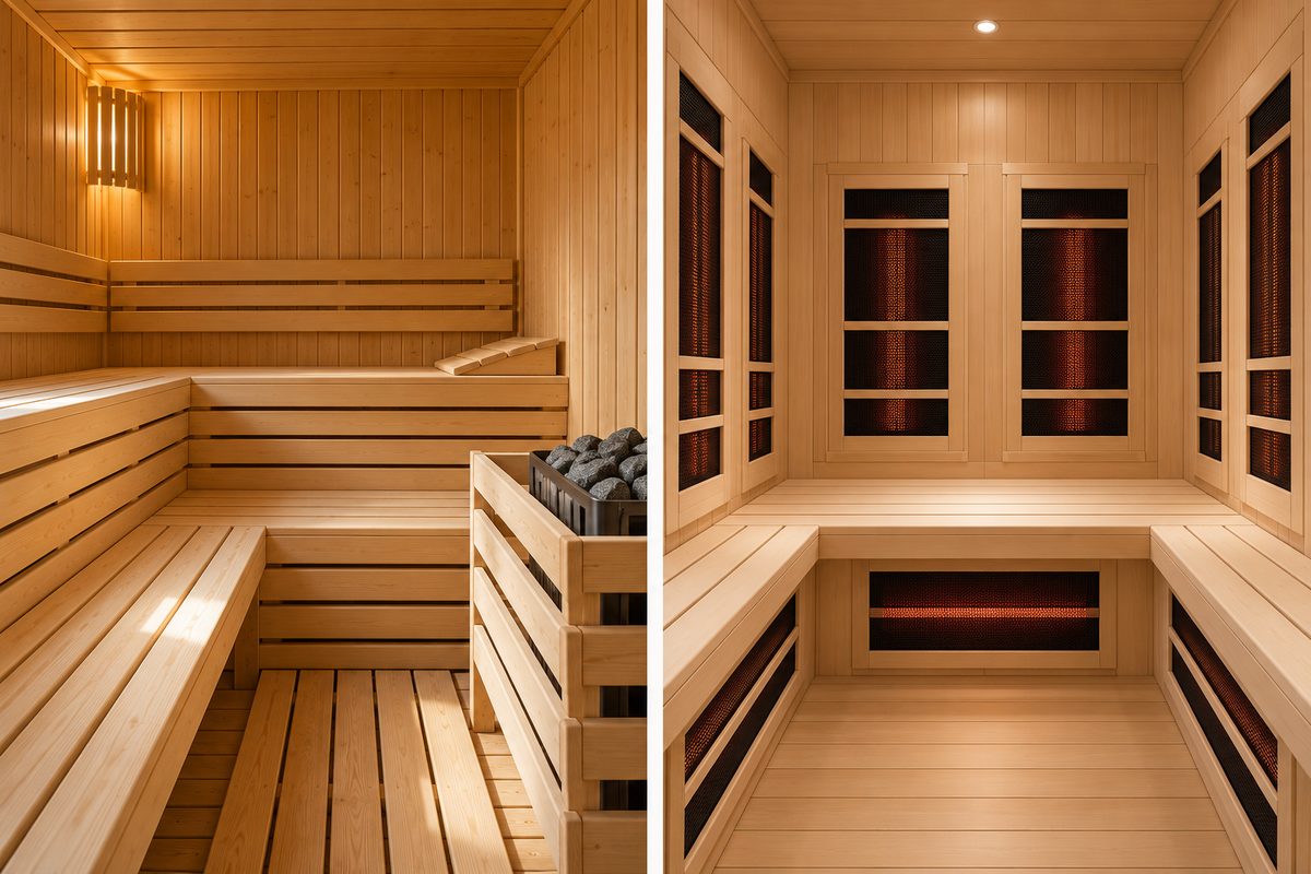 Editorial illustration comparing a traditional sauna with a stone heater and an infrared cabin with wall panels