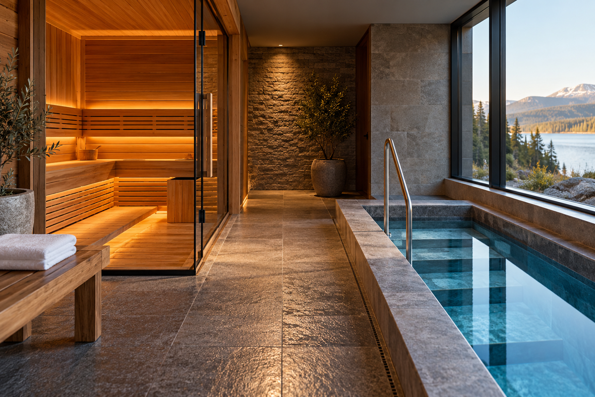Cedar sauna beside a clear plunge pool with entry steps, a handrail, and folded towels.