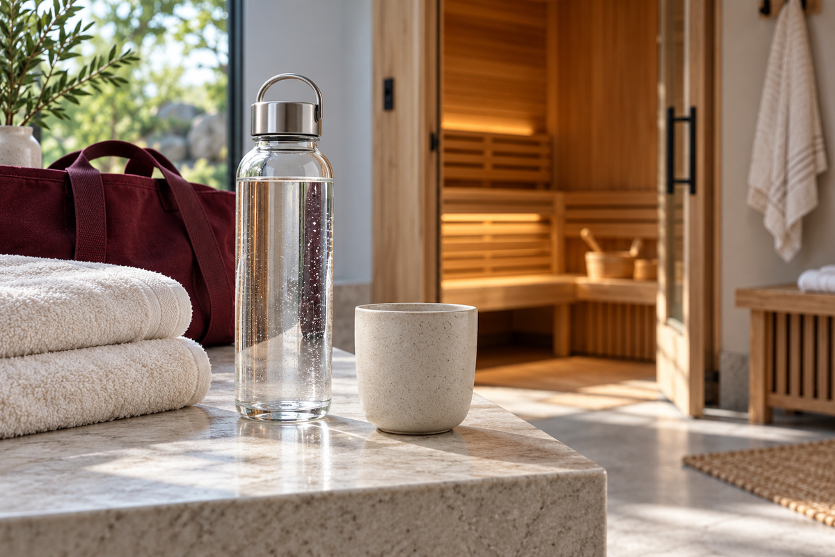 Editorial still life of water, a ceramic cup, and towels in a lounge outside a cedar sauna